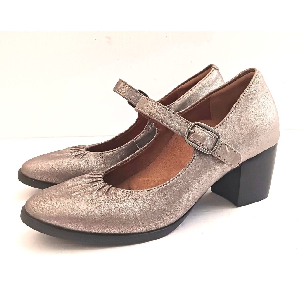NWT Aetrex Sara Mary Jane Pump Silver Metallic Leather Sz 7 Block Heel Comfort
